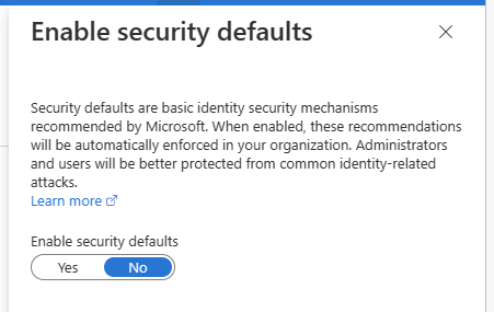 Enable Security Defaults Dialog