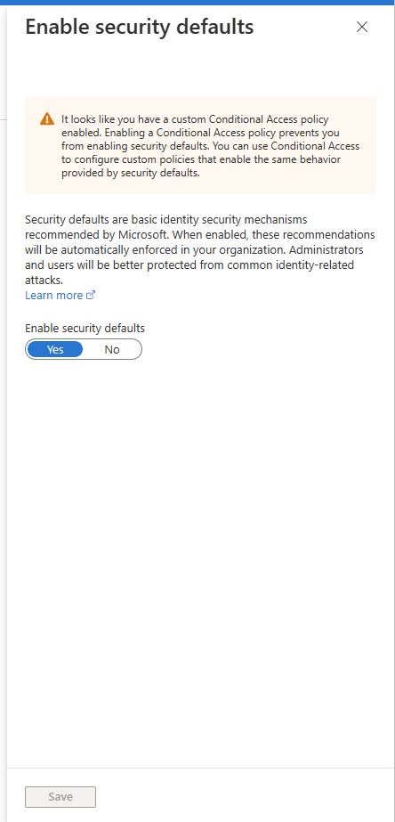 Enable Security Defaults Confirmation with warning