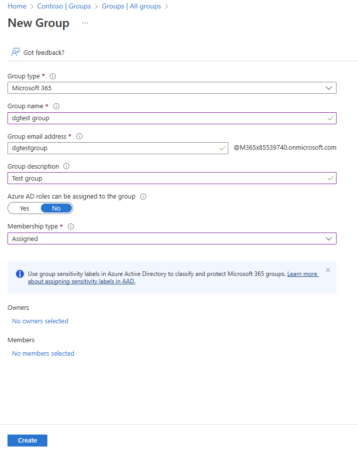 New Group Dialog for Microsoft 365 Group Type