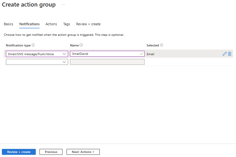 Create Action Group Dialog With Email Notification