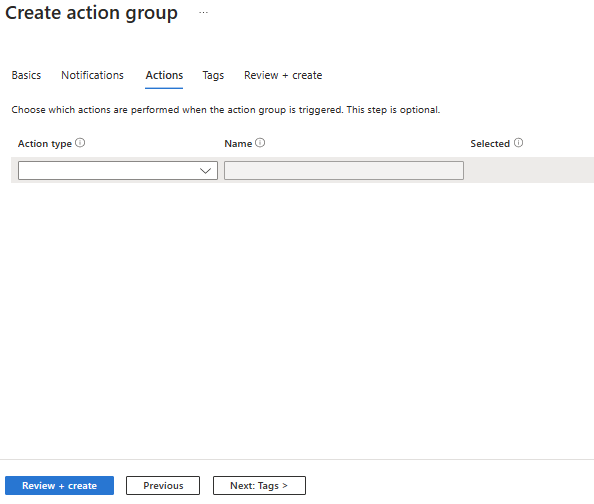 Create Action Groups Dialog Actions Tab