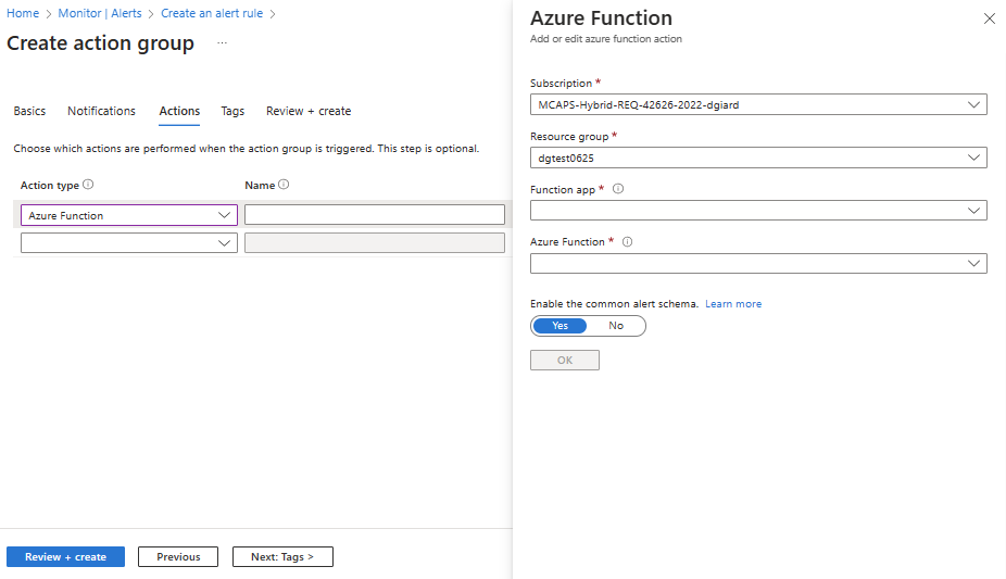 Create Action Groups Dialog Actions Tab With Azure Function Notification Selected