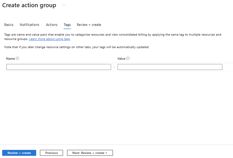 Create Action Groups Dialog Tags Tab