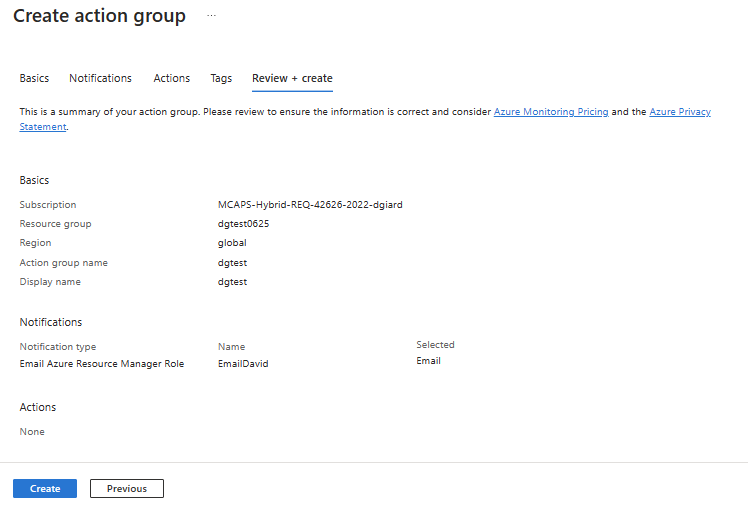 Create Action Groups Dialog Review And Create Tab