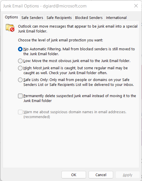 Junk Email Options Dialog