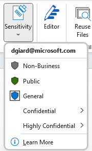 Office document Sensitivity button with menu expanded